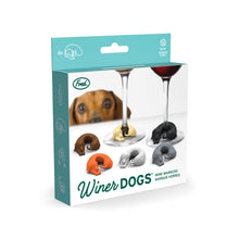 Load image into Gallery viewer, A set of 6 silicone wine glass markers that look like little dachshunds curled up around the stem of your glass.