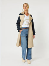 Load image into Gallery viewer, Two Tone trench coat in Natural with navy sleeves and shoulder flap.