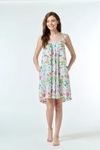 Load image into Gallery viewer, Cotton voile nighie with shoestring straps and above the knee. Pink & green florals.