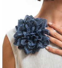 Load image into Gallery viewer, Eva Sunday Fabric Flower Brooch - Navy Pinstripe