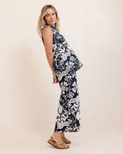 Load image into Gallery viewer, See Saw Linen Cowl Neck Top - Navy Vine Print