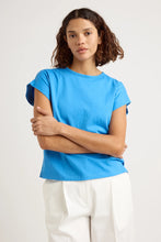 Load image into Gallery viewer, Toorallie super soft crew neck T shirt in azure blue and with sleeves that fall just below the shoulder.