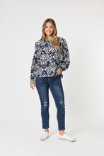 Load image into Gallery viewer, A relaxed fit viscose & nylon top with a full button front, long sleeves and soft sport binding cuff in navy/white.