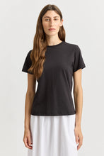 Load image into Gallery viewer, Toorallie classic crew neck cotton tee in black with contrast white cover stitch down the centre back.
