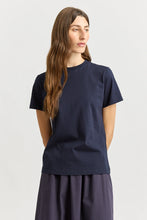 Load image into Gallery viewer, Toorallie classic crew neck tee with a crew neck in plain navy and contrast white over stitch down the centre back.