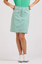 Load image into Gallery viewer, Stunning golf skort in a green & white stripe with zippered pockets front and back  and sitting just above the knee.