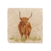 Load image into Gallery viewer, A marble serving platter 20cm x 20cm decorated with the image of a highland cow
