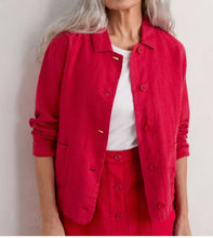 Load image into Gallery viewer, Linen jacket in a relaxed fit and about hip length with collar and full button front in red.