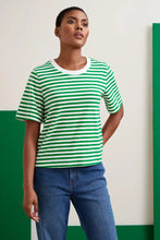 Load image into Gallery viewer, Cotton crew neck tee shirt with white neck band and in green & white stripe.