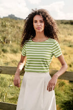 Load image into Gallery viewer, Cotton T shirt with short sleeves and boat neck in dill green & white stripe.