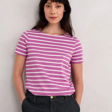 Load image into Gallery viewer, Organic cotton jersey t-shirt in evenly spaced pink/white stripes. Short sleeves and boat neck.