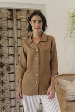 Load image into Gallery viewer, See Saw linen longer line button up shirt with 3/4 sleeves in a toffee brown colour