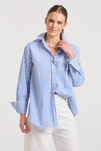 Load image into Gallery viewer, Updated Shirty Girlfriend Cut with French Cuffs and blue stripes