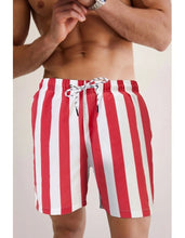 Load image into Gallery viewer, Shore Club red & white stripe swim shorts in a mid thigh  length.
