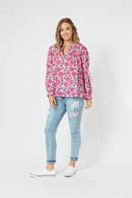 Load image into Gallery viewer, Cotton v neck top with long sleeves and pintuck detail on the front in a pink floral pattern