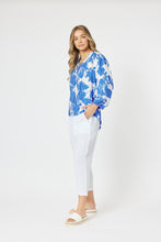 Load image into Gallery viewer, Threadz blue & white print shirt featuring a round neckline with a v split opening fixed by a parital button & tie closure. 3/4 full sleeves with elastic cuffs in a relaxed fit with a high low hem.
