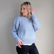 Load image into Gallery viewer, Australian Made womens Cropped Cable Knit Merino Wool Jumper in Powder Blue