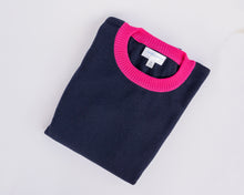 Load image into Gallery viewer, Caroline Gleeson NZ Superfine Merino Drop Shoulder Jumper - Navy/Hot PInk