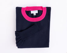 Load image into Gallery viewer, Caroline Gleeson NZ Superfine Merino Drop Shoulder Jumper - Navy/Hot PInk