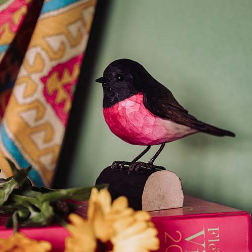 Hand Carved Deco Bird - Pink Robin