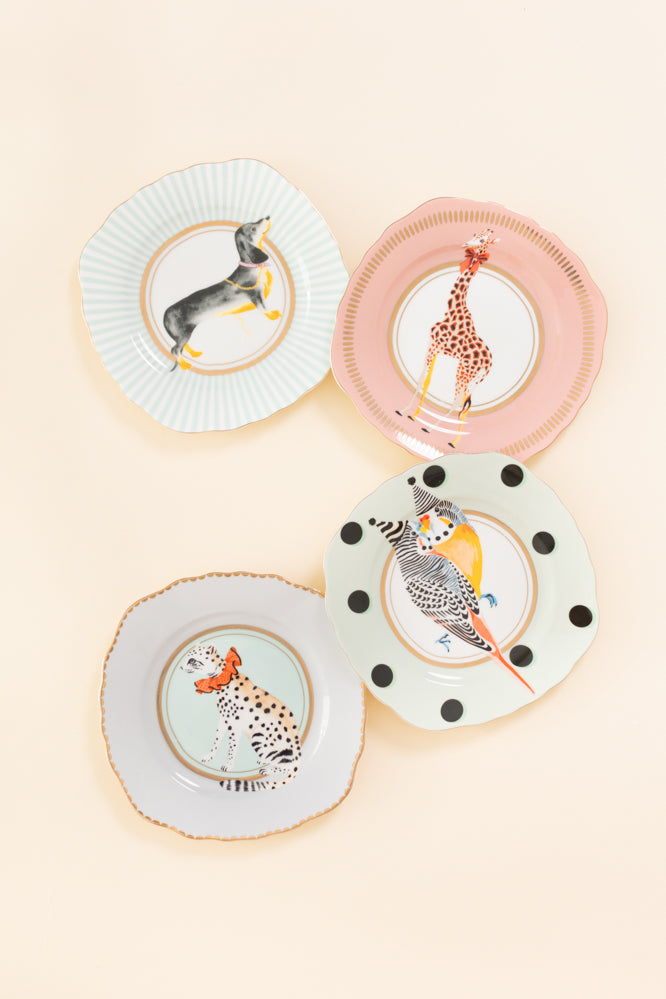 Yvonne Ellen Tea Plate Set of 4 - Giraffe, Dog, Budgie, Leopard