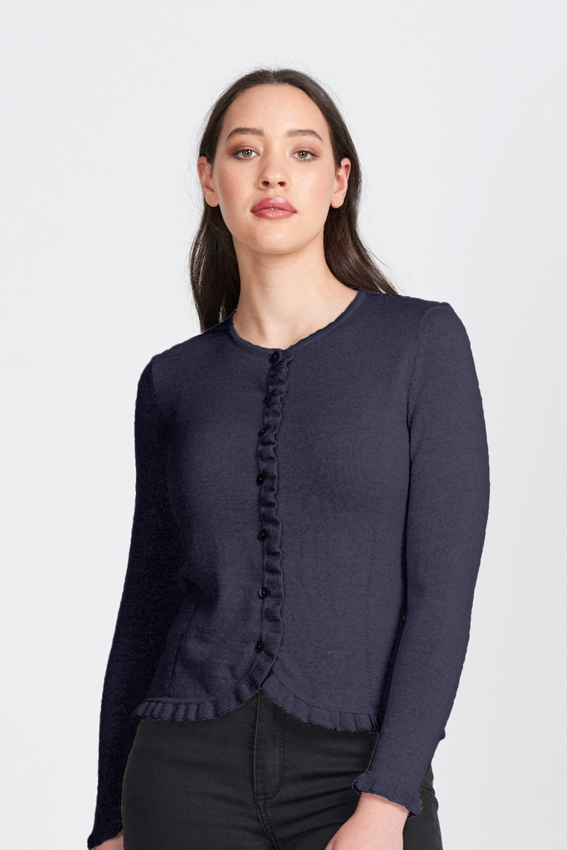 Caroline Gleeson NZ Superfine Merino Frill Trim Cardigan - Navy – Monty ...