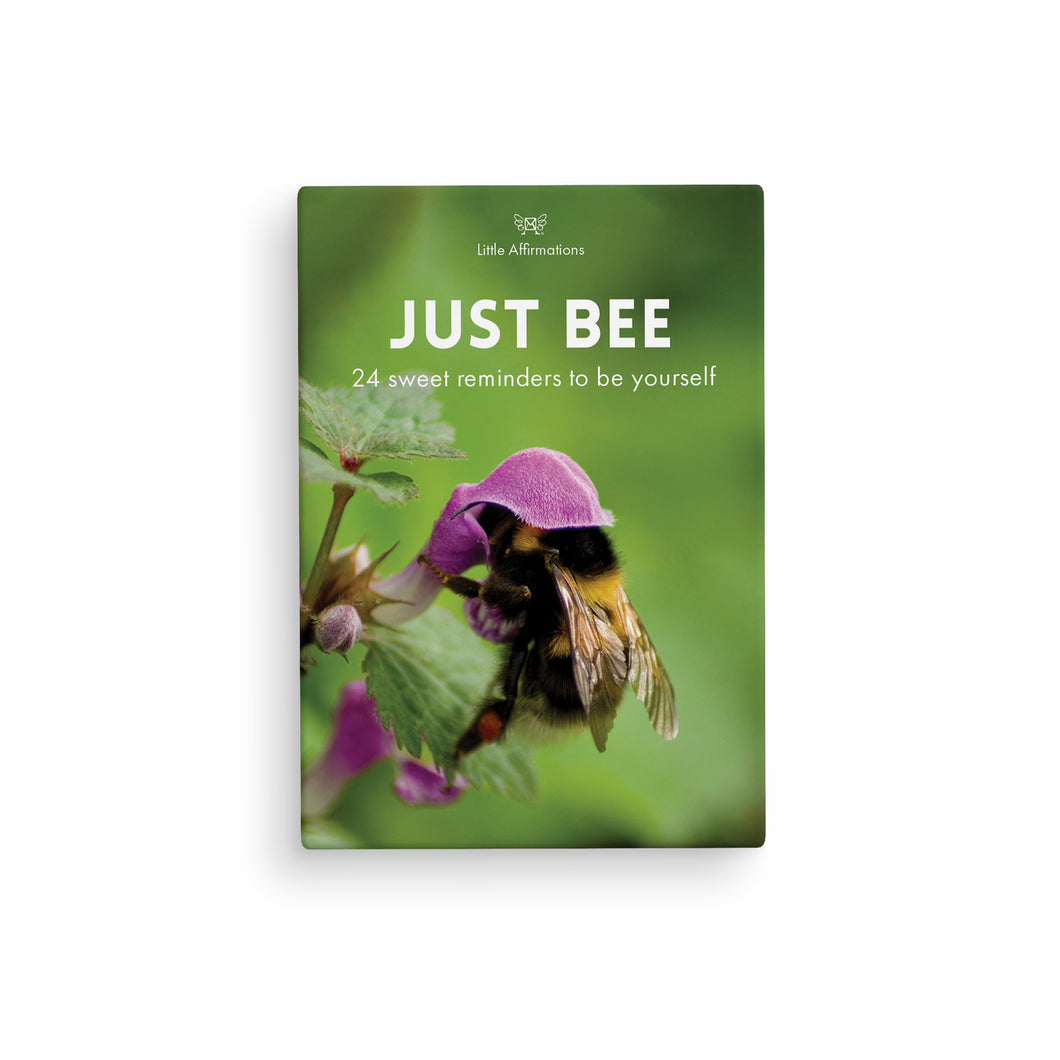 Just Bee affirmation card set with timber stand. 24 cards featuring unique bee designs and inspiring messages for self-love and encouragement.