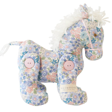 A stuffed toy horse in blue florals and a soft mane with buttoned legs that can move