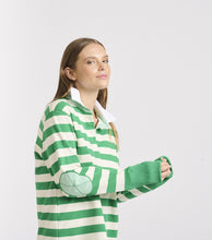 Load image into Gallery viewer, Est 1971 All-Season Womens Striped Cotton Rugby Jumper in Green and White
