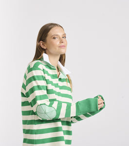 Est 1971 All-Season Womens Striped Cotton Rugby Jumper in Green and White