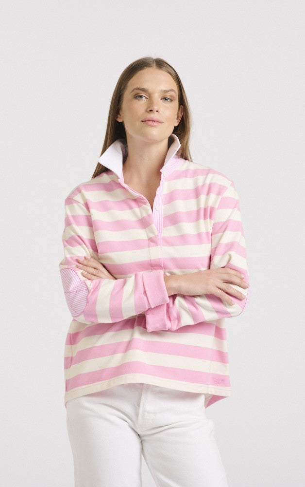Est 1971 All-Season Womens Striped Cotton Rugby Jumper in Pink and