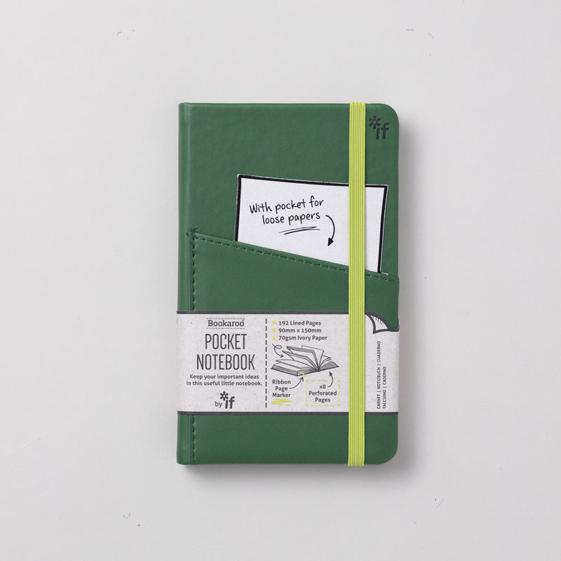 An A6 size notebook with a pocket on the front for loose papers & an elastic to keep it closed. Forest Green in colour.