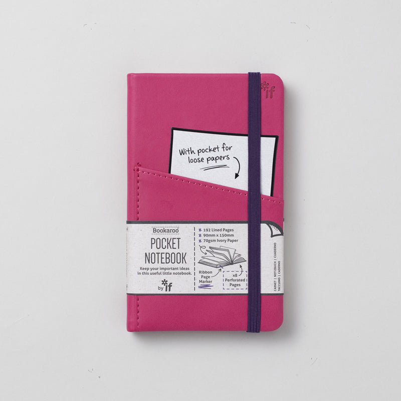 An A6 size notebook with a pocket on the front for loose papers & an elastic to keep it closed. 