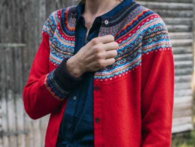 Made from pure wool this fairisle cardigan with a red base will add delicious colour to your winter wardrobe