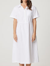 Load image into Gallery viewer, Midi dress in white with short sleeves, slightly tapered waist, A line skirt and button bodice.
