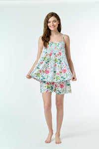 Cotton voile pyjama set, camisole style top and elastic waist shorts in a pink/green floral pattern.