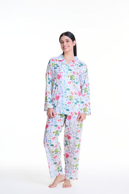 Cotton voile pyjamas with long sleeve top and long pants in a pink & Green floral pattern.