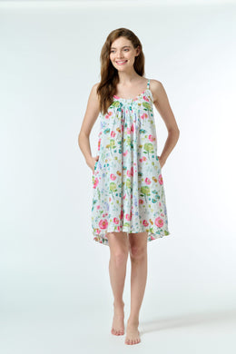 Cotton voile nighie with shoestring straps and above the knee. Pink & green florals.