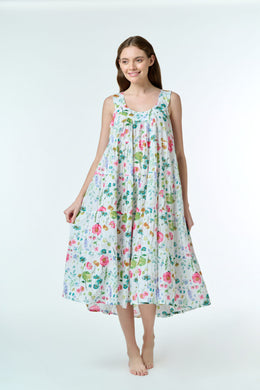 Cotton voile longer length nightie, sleeveless and a tiered style.