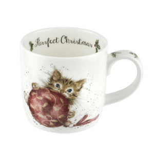 Wrendale fine bone china mug with a little kitten playing with a Christmas bauble and the words 'Purrfect Christmas' on the inside lip.