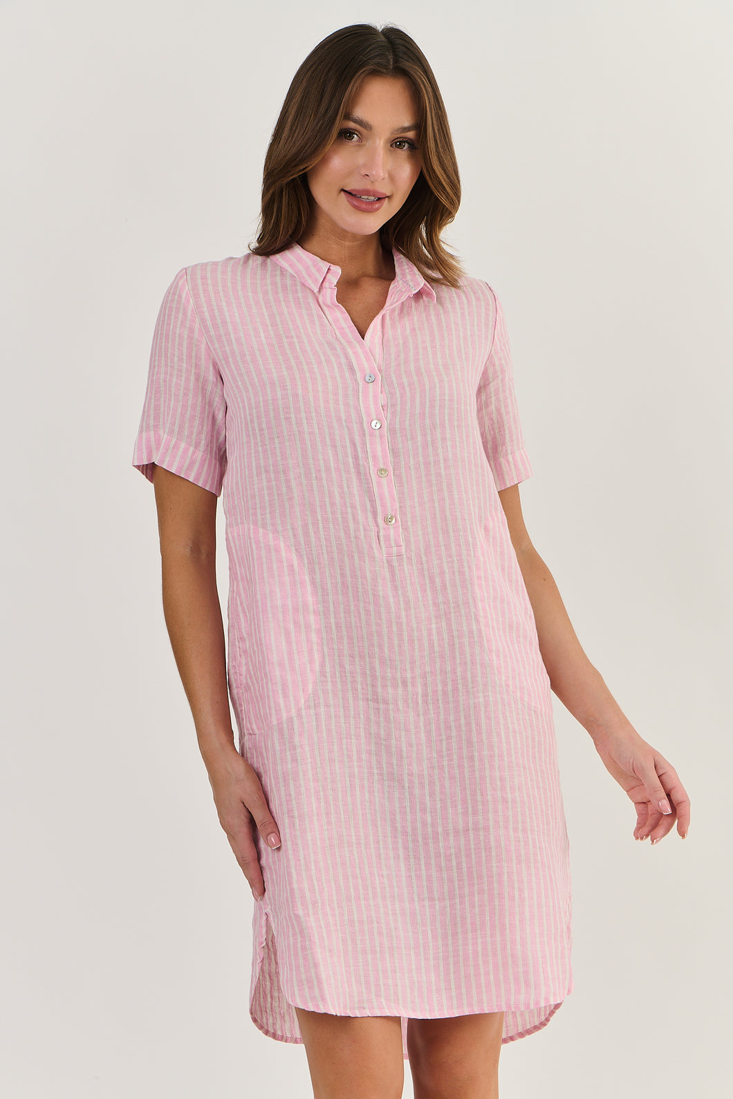 Enveloppe S/S Linen Dress - Soft Pink Stripe