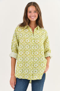 Shirts Women: Enveloppe Linen Shirt - Fez -chartreuse/white