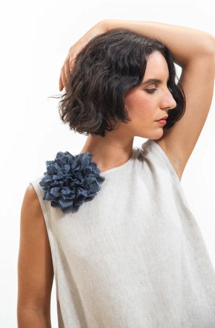Eva Sunday Fabric Flower Brooch - Navy Pinstripe