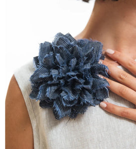 Eva Sunday Fabric Flower Brooch - Navy Pinstripe