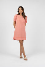 Load image into Gallery viewer, Cotton pink/red gingham shift dress with slight puff short sleeve and elastic cuff. Round neck and wide hem with piped detail finish and side splits.
