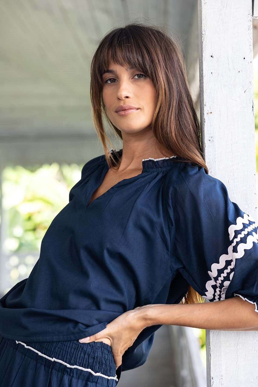 Humidity Ziggy Blouse Top in Navy