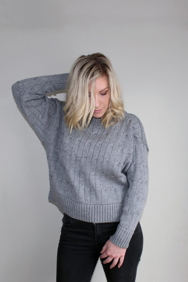 Australian Made womens Cropped Cable Knit Merino Wool Jumper in Silver