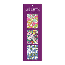 Load image into Gallery viewer, A set of 3 Magetic bookmarks each featuring  a Liberty print. One with Margaret Annie, one with Mitsi and one with Thorpe print. Size is 4 x .5cm
