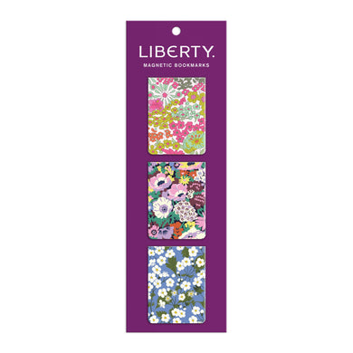 A set of 3 Magetic bookmarks each featuring  a Liberty print. One with Margaret Annie, one with Mitsi and one with Thorpe print. Size is 4 x .5cm