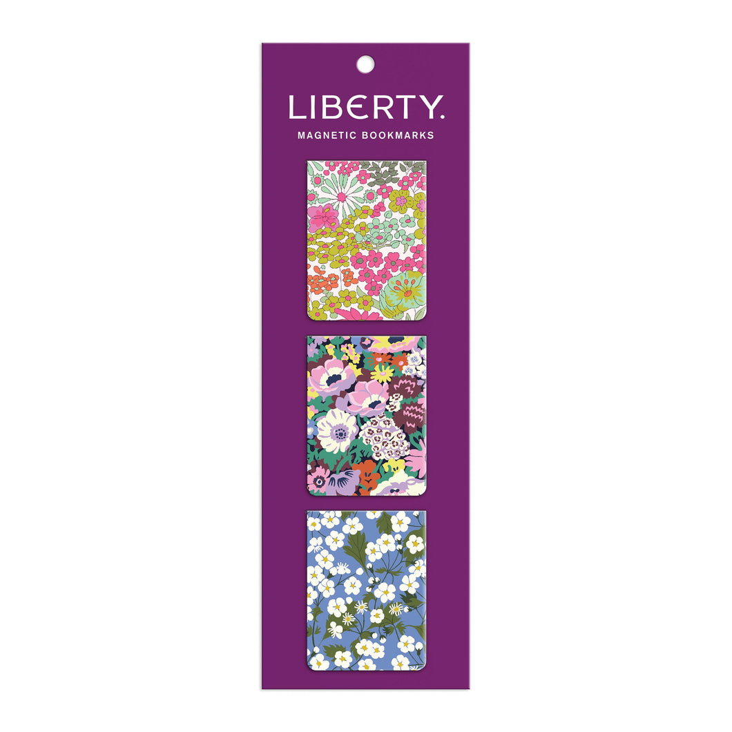 A set of 3 Magetic bookmarks each featuring  a Liberty print. One with Margaret Annie, one with Mitsi and one with Thorpe print. Size is 4 x .5cm